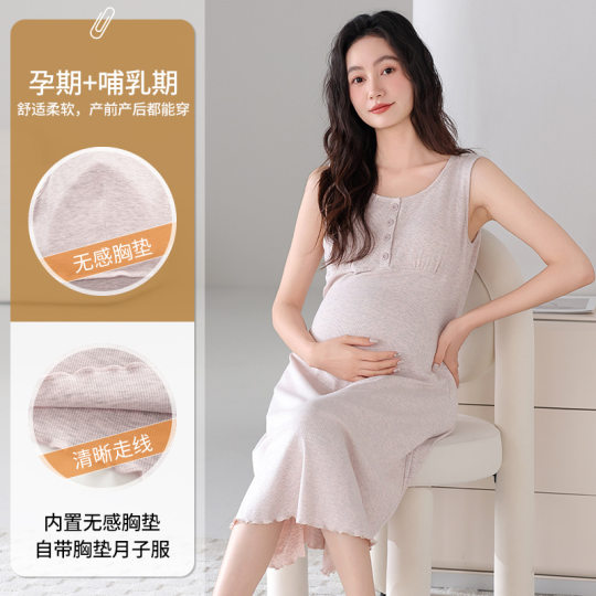 Nightgown with Chest Pad dress Pregnant Women's Nursing Pajamas Women's Feeding Moon Clothes Prepared Summer Short-sleeved Thin Home Clothes