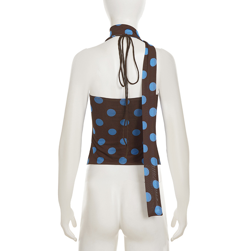 Polka Dot Print Swing Collar Small Sling Sexy Big Backless Scarf Lace up Vest Top for Women
