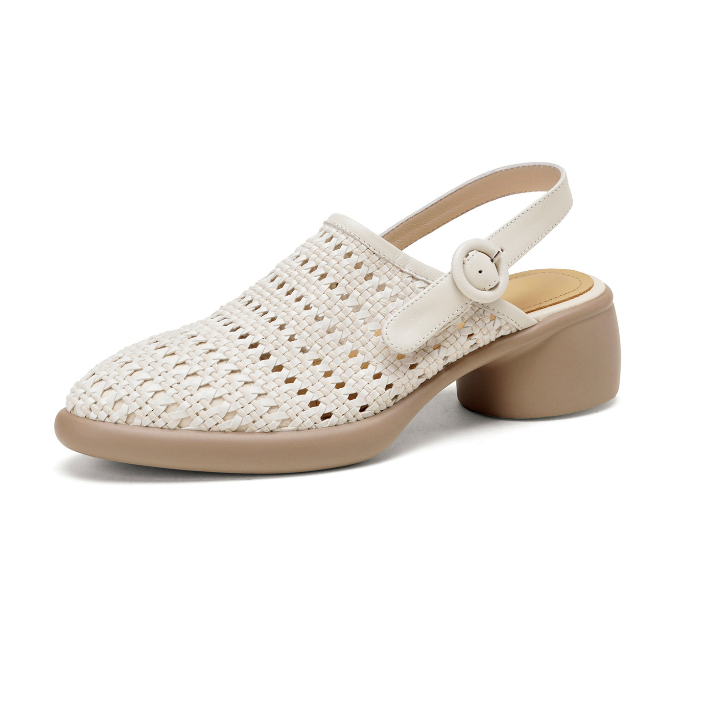 Sandal cao gót nữ mũi nhọn quai chữ T đan dây, gót thô 5 cm — Màu vàng đất