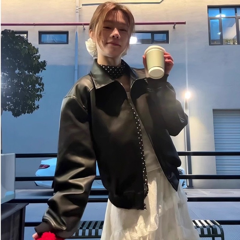 美式复古黑色皮衣外套女秋季新款高级感拉链短款机车服pu皮夹克潮|undefined