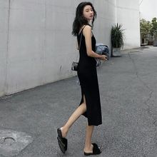 针织冰丝背心吊带连衣裙2024春夏新款韩版百搭修身显瘦开叉裙女裙