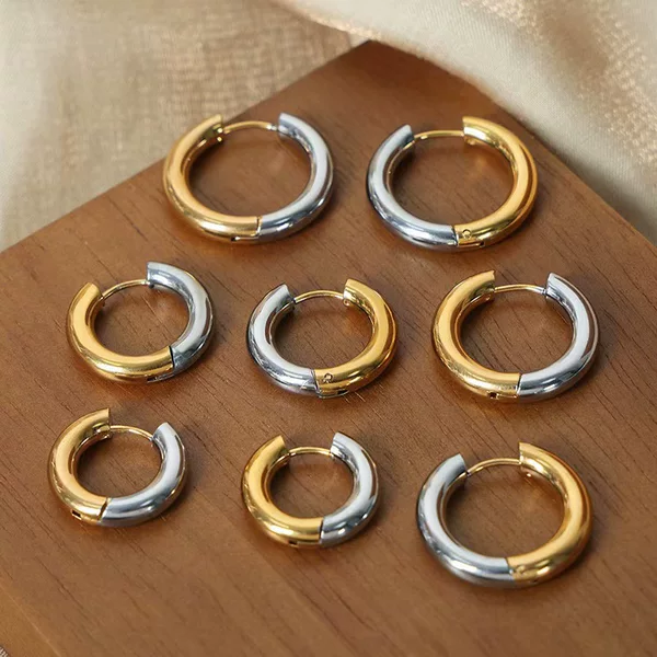 Cross-Border New High-End Niche Design Double Ear Hole Simple Titanium Steel Gold-Plated Circle Earrings Two-Tone Hoop Jewelry