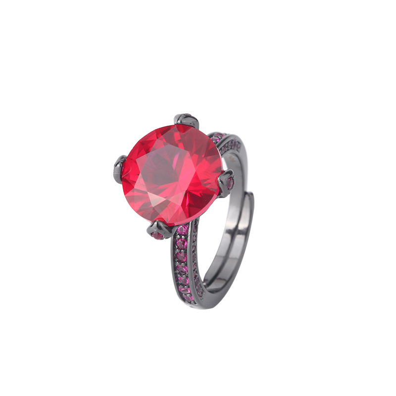 2024 Nueva Zhuang Sheng joyería de cobre de fondo chapado en oro de simulación corindón redondo anillo de personalidad de Oro Negro femenino 12mm