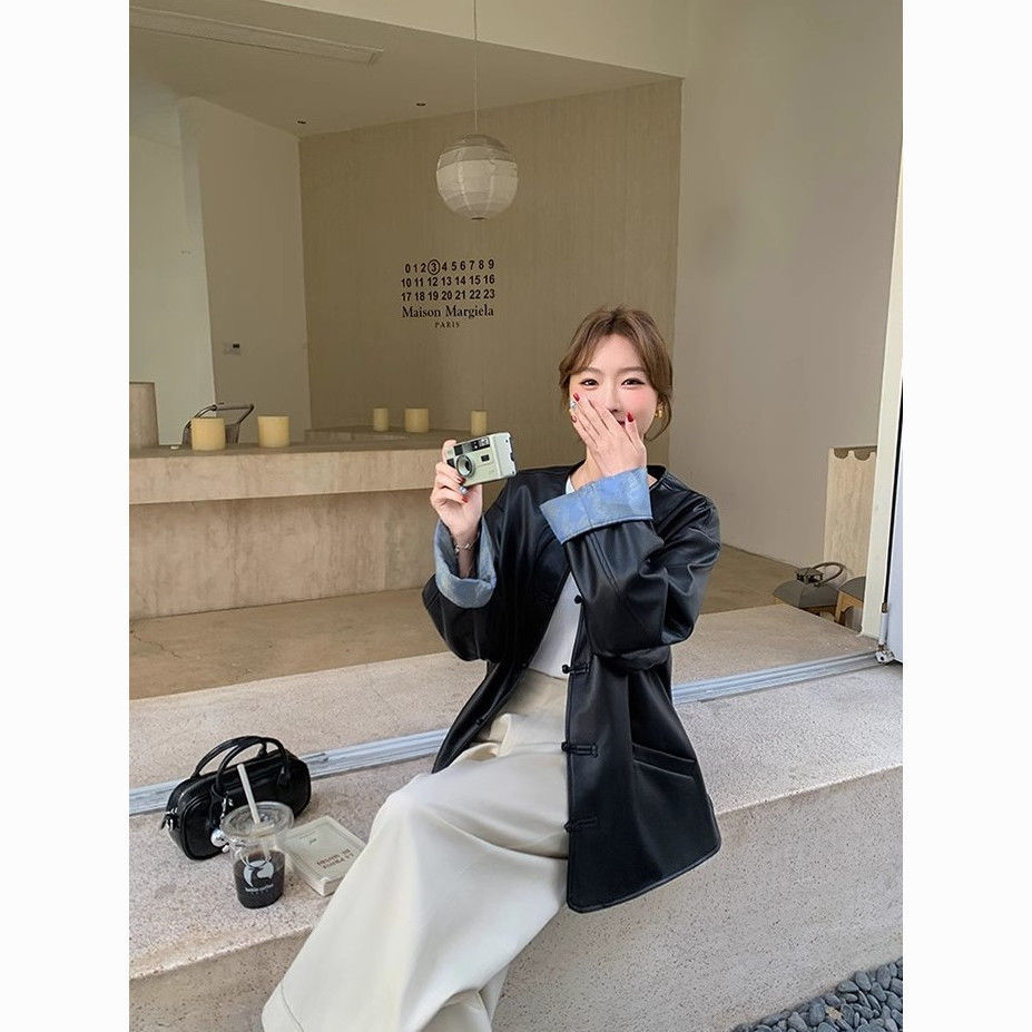 New Chinese Style Leather Jacket for Women in Spring and Autumn New Style Chinese Style Splicing Outer Wear High-End Retro Leather Jacket