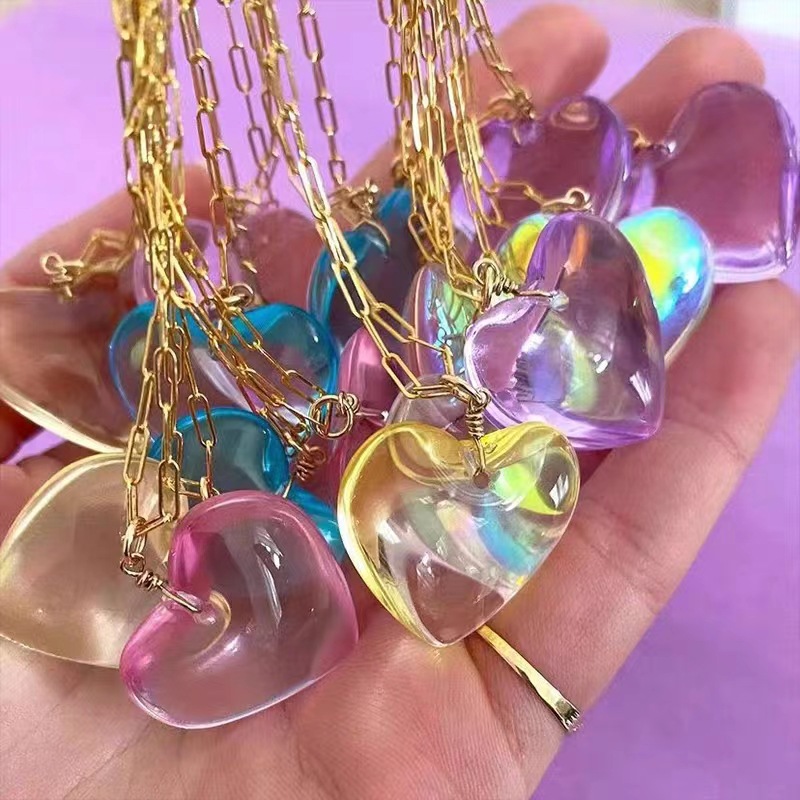 35g Weight glass Pendant Material Pendant Necklace Classification Alloy Chain Material 1 Piece Quantity Daily, Date Occasion glass Material Heart Shape Pattern Women's Gender Handmade Design Sweet Style Sweet Heart Shape Glass Handmade Women's Pendant Necklace 3