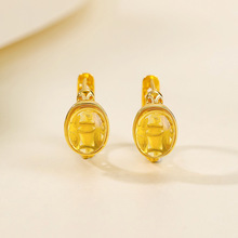 悦宝珠宝黄水晶S925纯银镀金蛋面椭圆卷草纹中古风银耳夹耳环批发