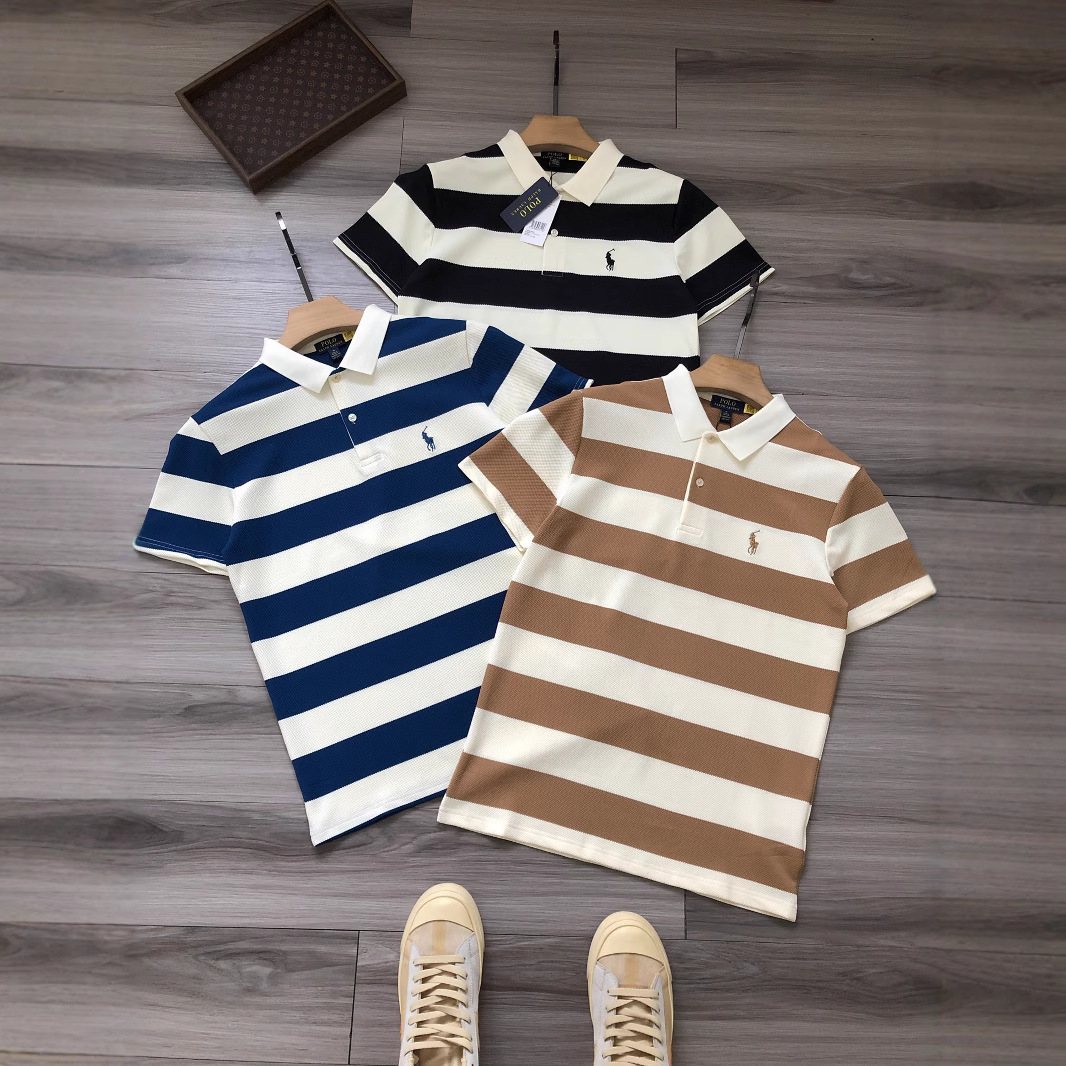 Cross-border polo logo embroidery men's business casual striped lapel polo shirt pony logo tennis shirt lovers