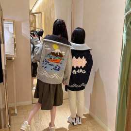 （现）南油高定25秋冬新款帆船垂钓刺绣撞色重工翻领拉链毛衣外套