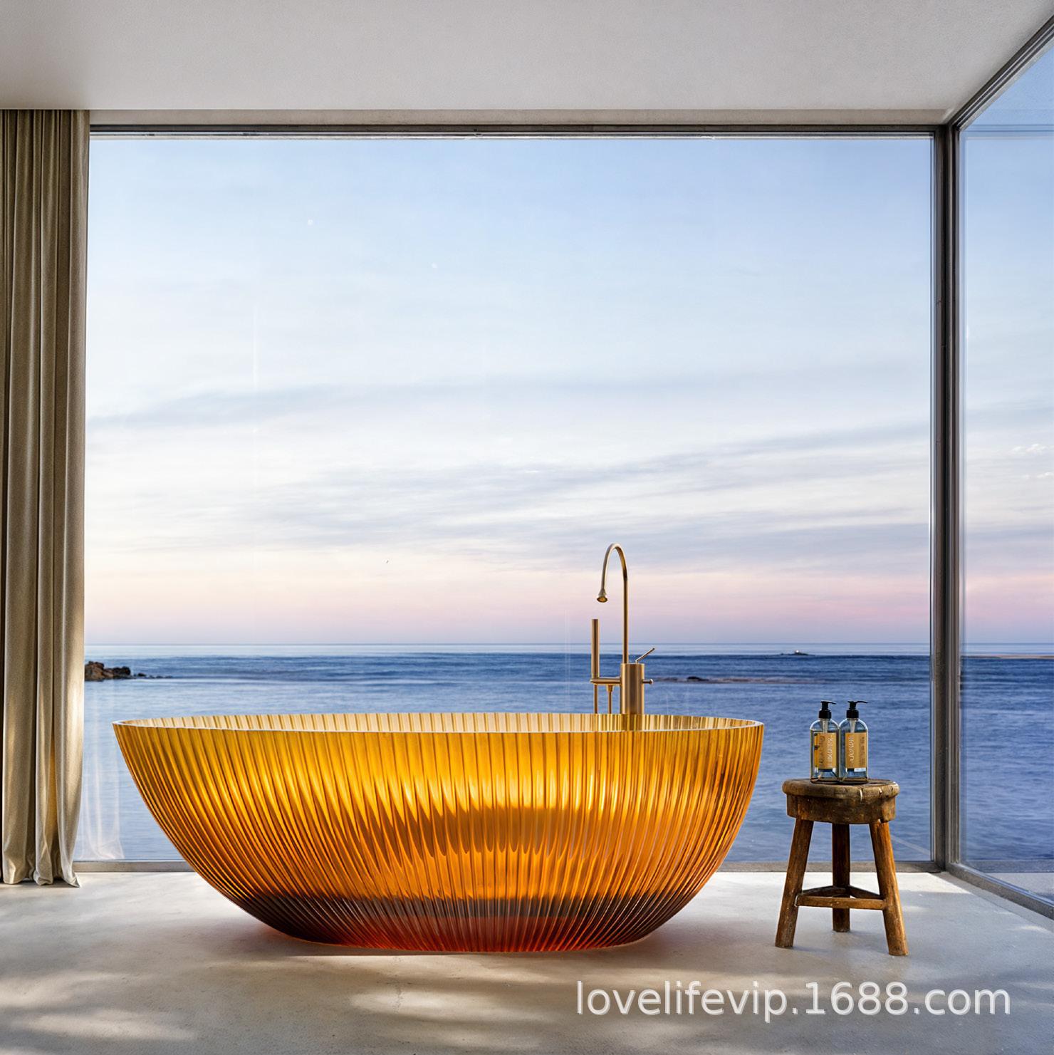 bañera de resina de piedra artificial transparente independiente de lujo ligera bañera de alta calidad interior de hotel para adultos