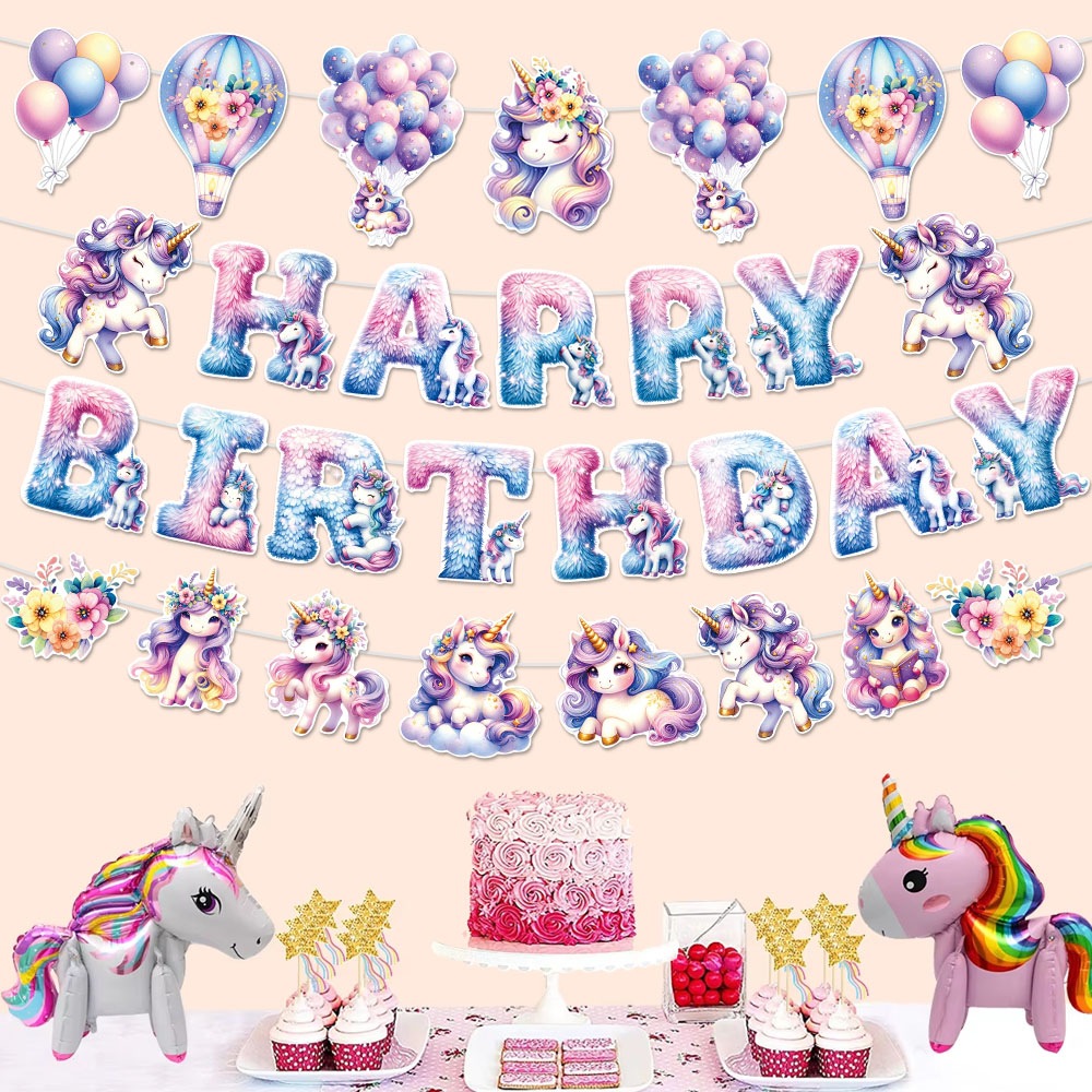 Nuevo tema de unicornio decoración de cumpleaños bandera de tirón bandera de fondo flor de tirón decoración de fiesta de cumpleaños suministros de diseño