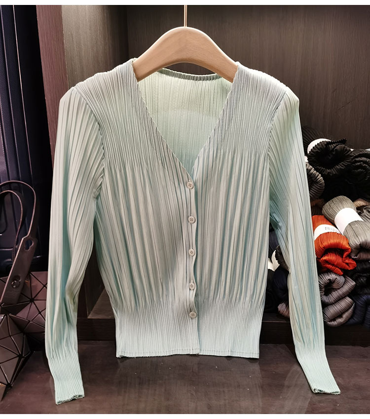 Áo cardigan cổ chữ V dáng ngắn tay dài mới xuân hè — Màu xanh lam nhạt, Màu đen, Màu tím nhạt, Màu hồng chi tiết 9