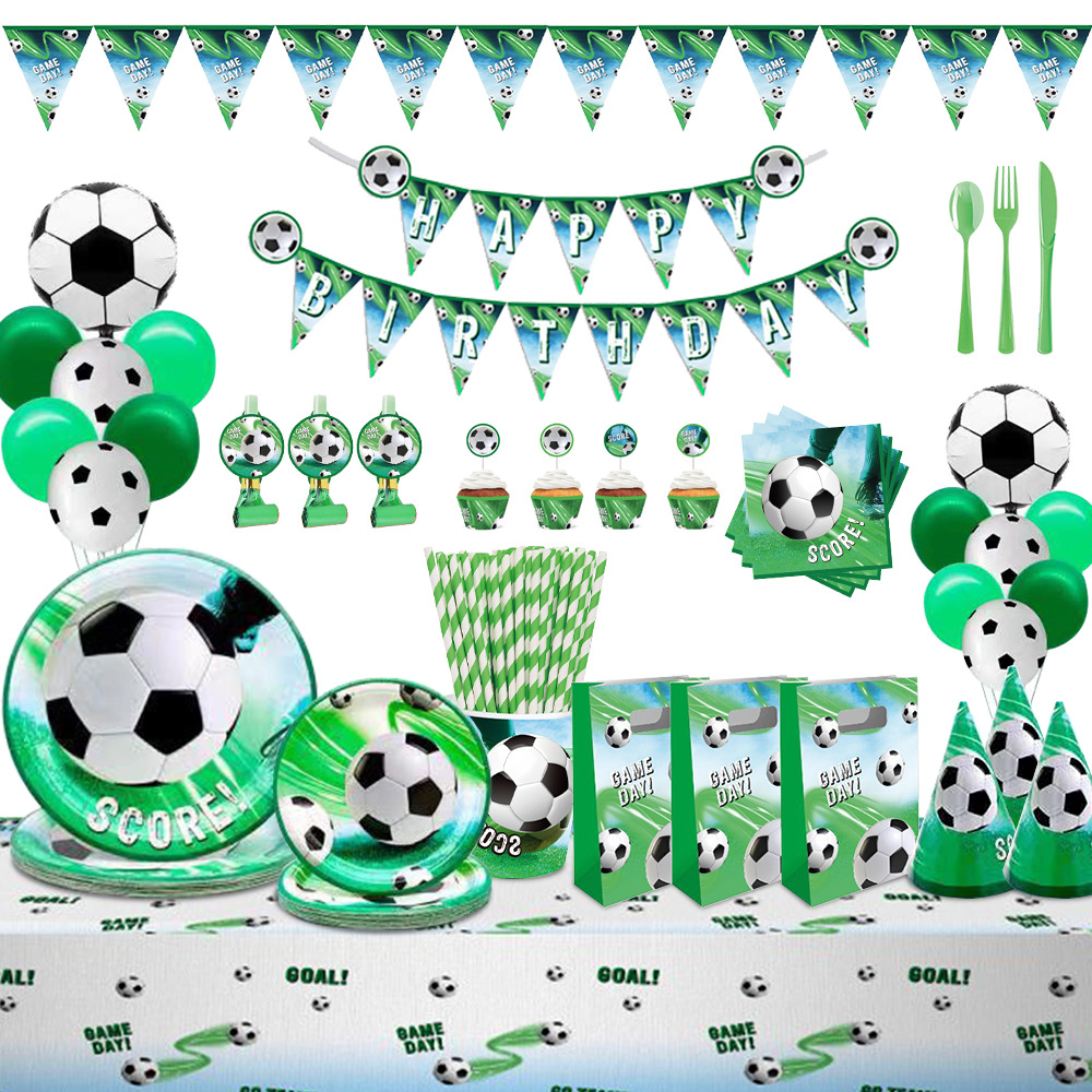 Juego de fiesta de cumpleaños para niños con tema de fútbol, vasos de papel desechables, bandejas de papel, manteles de papel, bandejas de papel para fiestas, platos