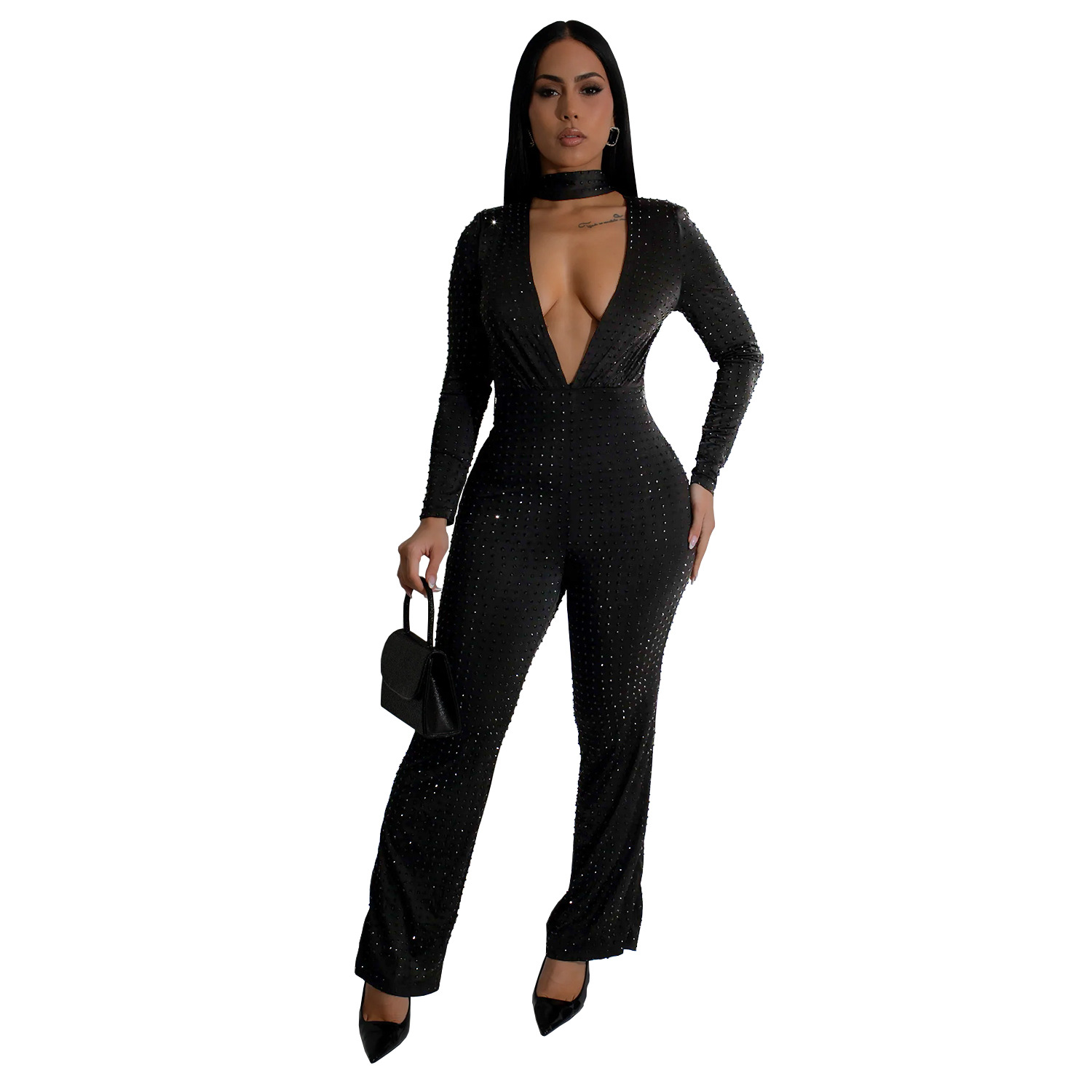 C7213 Aliexpress transfronterizo Amazon Europa y América ropa de moda femenina sexy cuello v manga larga bolsas de brazo de diamante caliente New Jumpsuit