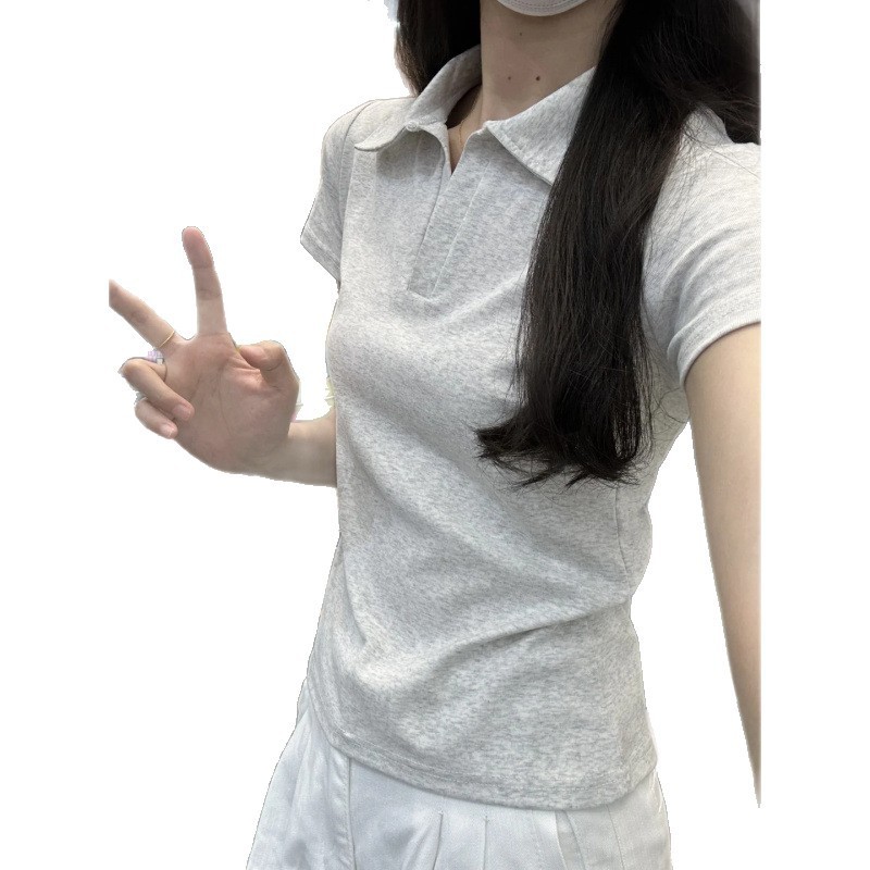 2025 新しい右肩ポロシャツ Tシャツ女性の夏半袖アメリカンレトロスリムウエスト痩身ラペルトップ|undefined
