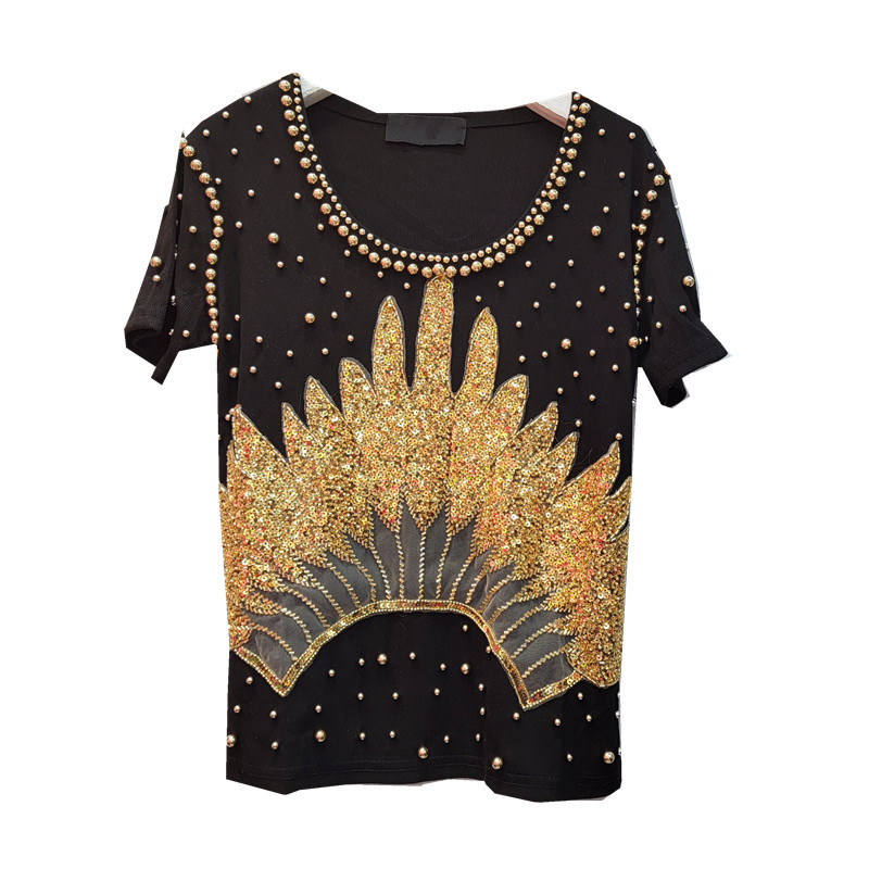 Súper industria pesada con cuentas de punto camiseta para mujeres 2024 primavera y verano nuevo slim fit media manga corta que adelgaza camiseta superior