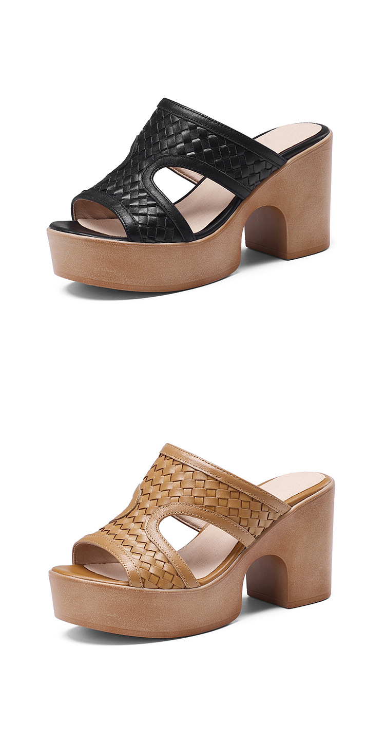 Sandal cao gót nữ đế platform đan chéo da thật gót 9 cm hở mũi — màu nâu, màu đen chi tiết 19