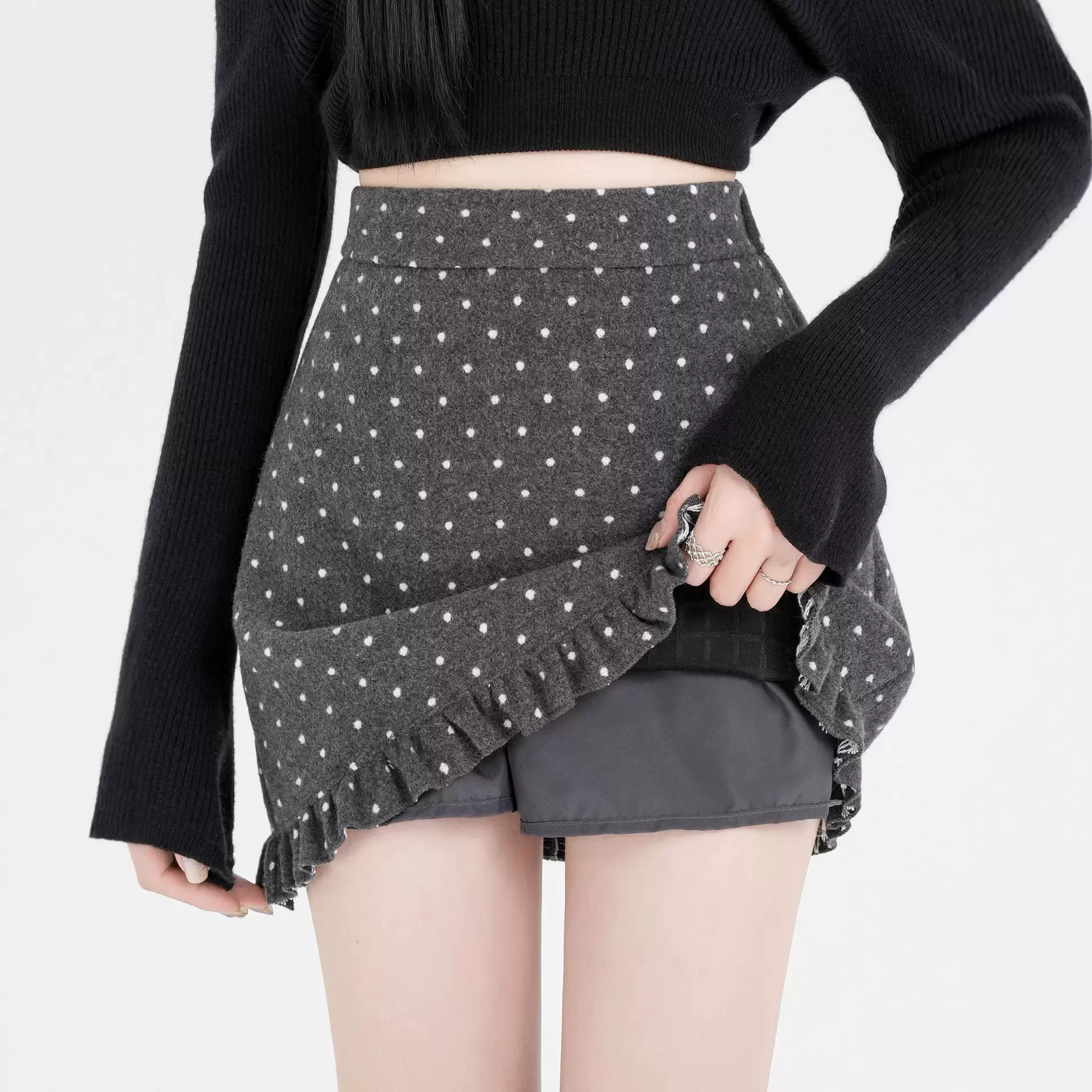 毛呢波点半身裙女秋冬小个子休闲高腰显瘦气质木耳边a字包臀短裙