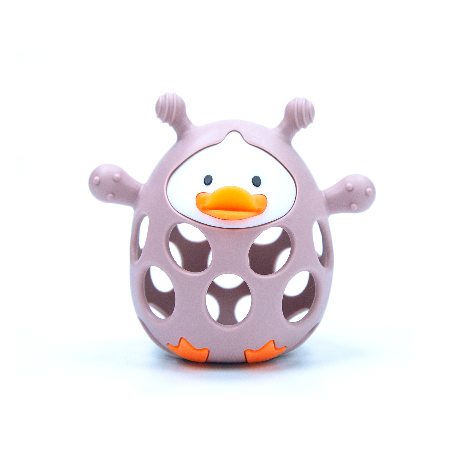 Nuevo producto pato mordedor bebé campana de tiro de mano bola molar palo de silicona bebé período de deseo oral mordedor anti-comer dios de la mano