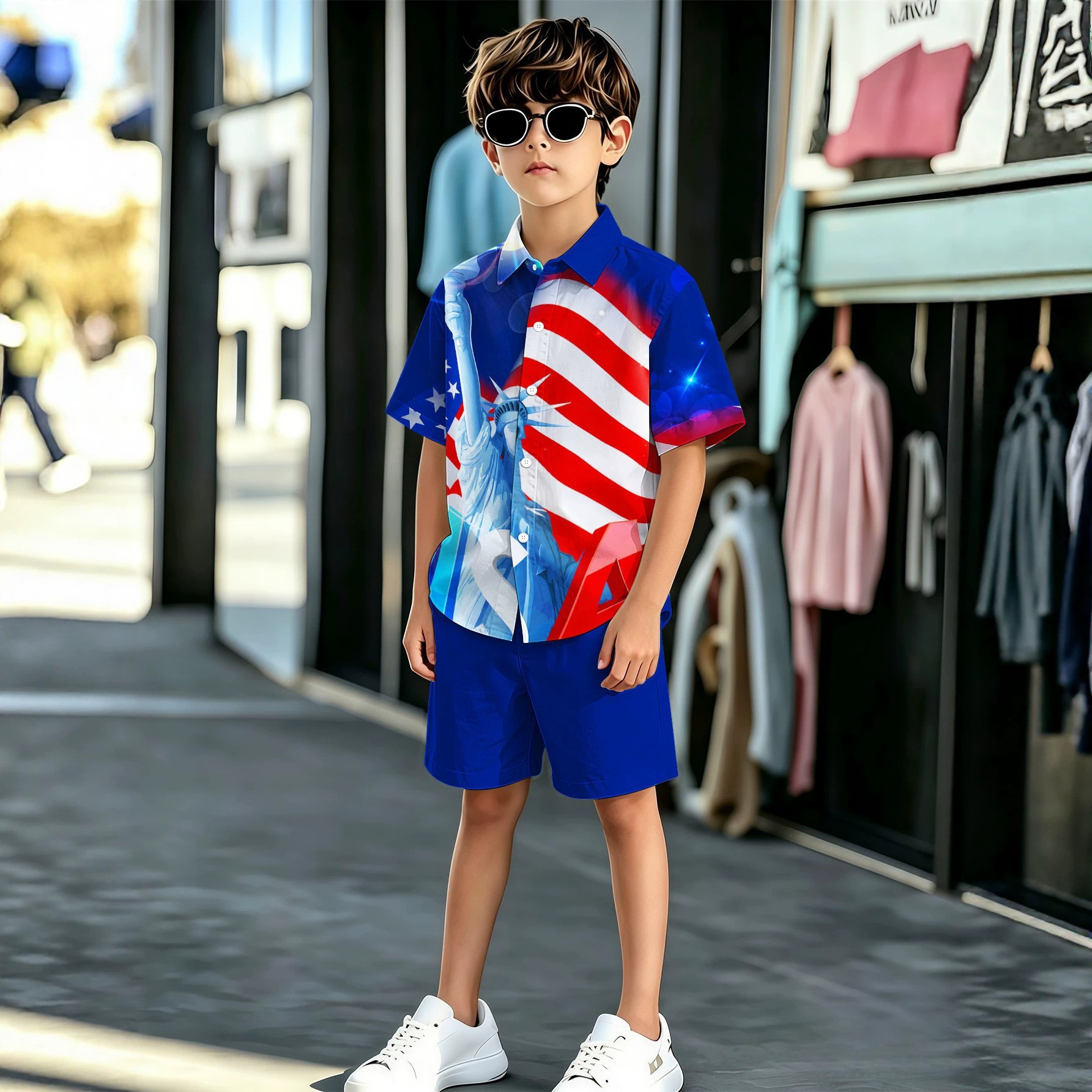 American Retro New Product, Stys, 3D Printing Technology, Boys' Collared Shirt And Shorts Set,_voghion.com