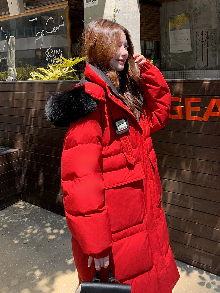 Winter red down jacket with hood, Korean style, plus size