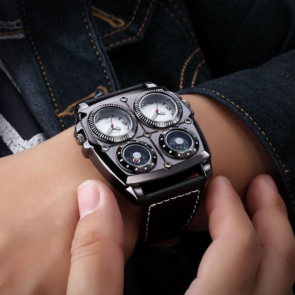 Oulm gran dial de moda casual reloj de los hombres gran dial doble zona horaria brújula decoración de los hombres reloj de cuarzo 1140 image 5