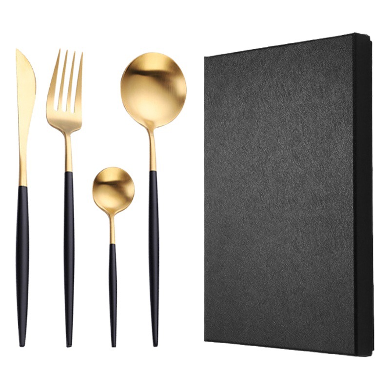 Cuchillo de vajilla de acero inoxidable 304, tenedor y cuchara transfronterizo portugués vajilla occidental cuchillo de carne, tenedor y cuchara caja de regalo de cuatro piezas