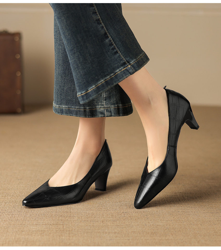 Giày cao gót nữ mũi nhọn da cừu gót 5,5 cm miệng nông phong cách Hàn Quốc — đen chi tiết 6