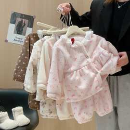 儿童家居服秋冬款女童韩版甜美可爱开衫保暖睡衣宝宝花边套装童装