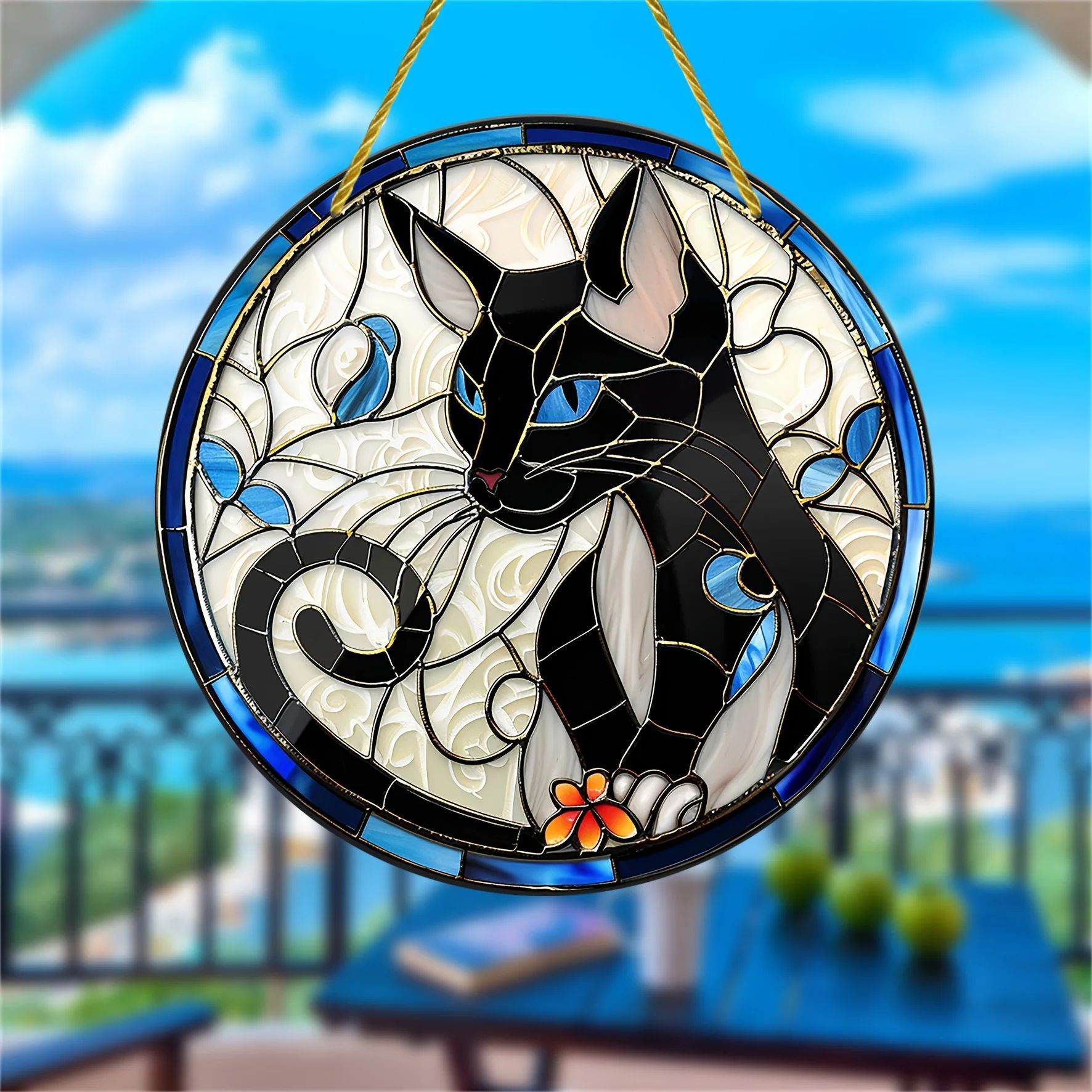 Acrílico Siamese Gato Negro Sol Captura Disco Animal Creativo Colores Vivientes Colgante de Ventana de Pared