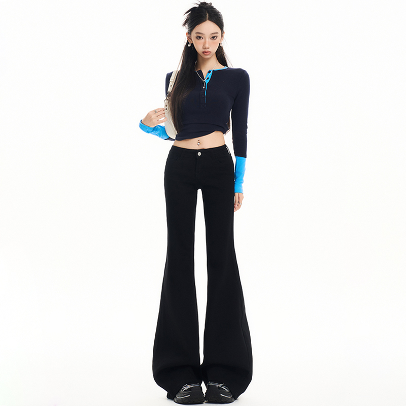Black Straight-Leg Flared Jeans for Women, Low-Waist, Slightly Flared, Summer Slimming Jeans for Women