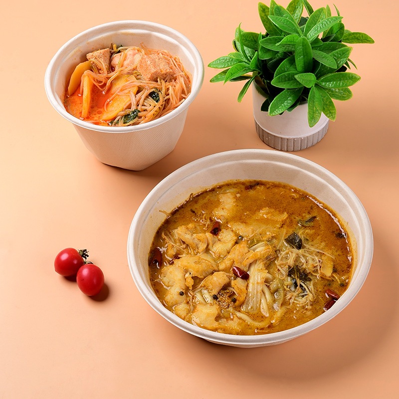 Pulpa de caña de azúcar degradable tazón de papel desechable tazón redondo arroz frito picante fideos fritos para llevar tazón de barbacoa