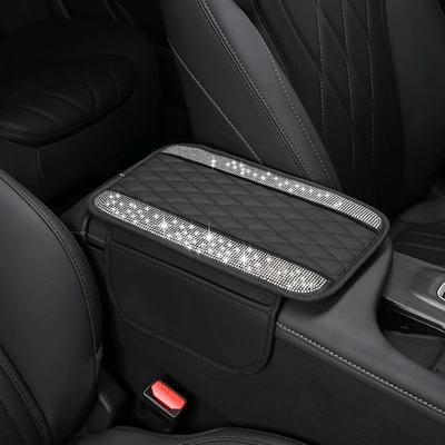 Car Armrest Box Heightening Pad with Pocket Central Control Armrest Protective Pad Universal Car Armrest Box Pad Single Layer Bright Diamond (Armrest box pad) - black-silver