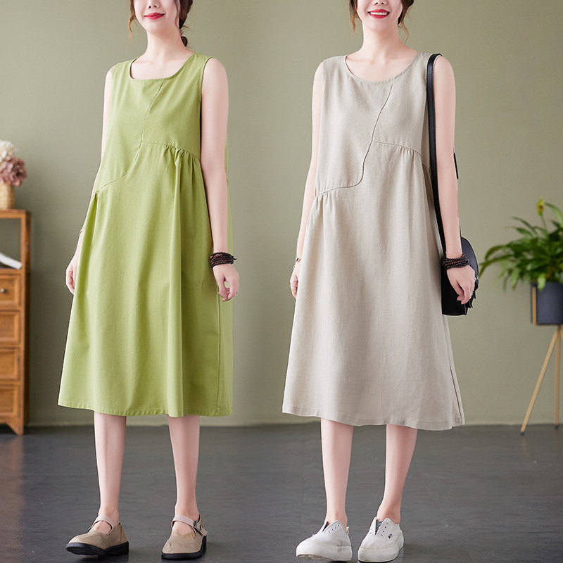 Long solid color Japanese summer sleevless dress