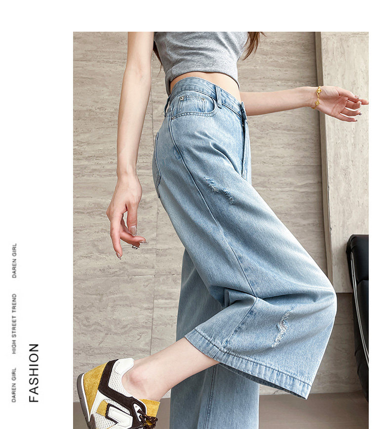 Quần jean nữ ống rộng cạp cao, dáng suông rách gối, chất vải denim mỏng mùa hè — Xanh nhạt 7 phút chi tiết 12