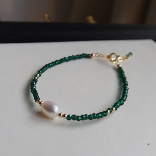 Super White Niche Design US 14k Gold Retro Green Pointed Crystal Natural Pearl Bracelet Mori Bracelet