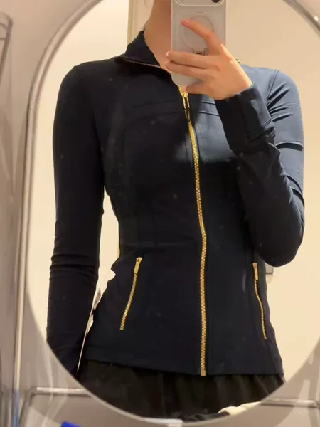New Version of Pocketed Gold-Trimmed Stand-Collar Yoga Jacket, Breathable, Waist-Cinching, Slimming, High-Elasticity Sports Fitness Jacket for Women