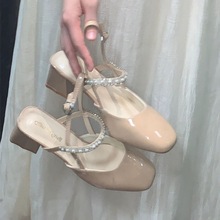 珍珠粗跟凉鞋女2024夏季新款时尚复古气质玛丽珍鞋一字带扣高跟鞋