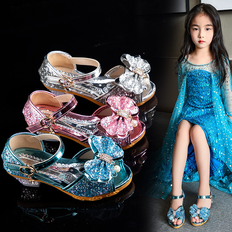 Girls Sandals Summer 2024 New Sequin Little Girls High Heels Children's Princess Shoes Crystal Elsa Girls' Shoes