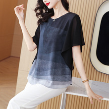 实拍新款女装圆领不规则宽松印花雪纺衫女上衣