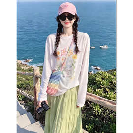韩系松弛莱赛尔轻薄防晒罩衫女夏季宽松冰丝凉感长袖t恤白色上衣
