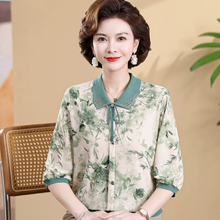洋气妈妈春季外穿上衣服翻领休闲小衫中老年女春夏装冰丝短袖T恤