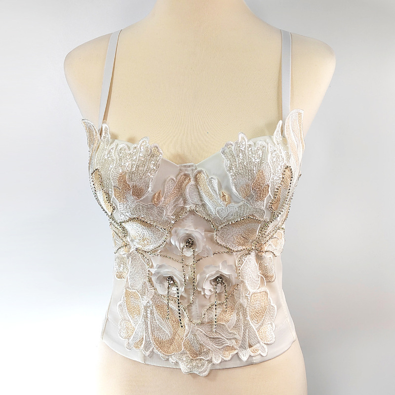 French Design Niche Fishbone Tunic Top Slim-fit Corset Beaded Embroidered White Strap Tube Top