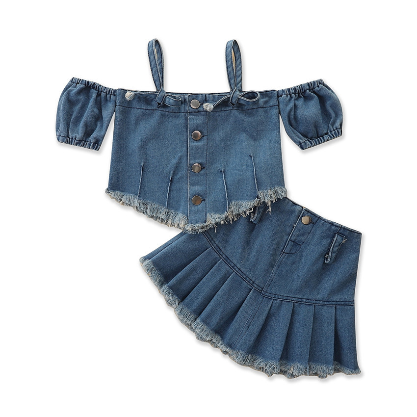 Babykleidung Mädchenanzug kleine und mittlere Kinderkleidung One-Shoulder-Jeansoberteil kurze Culottes zweiteiliges Set_voghion.com