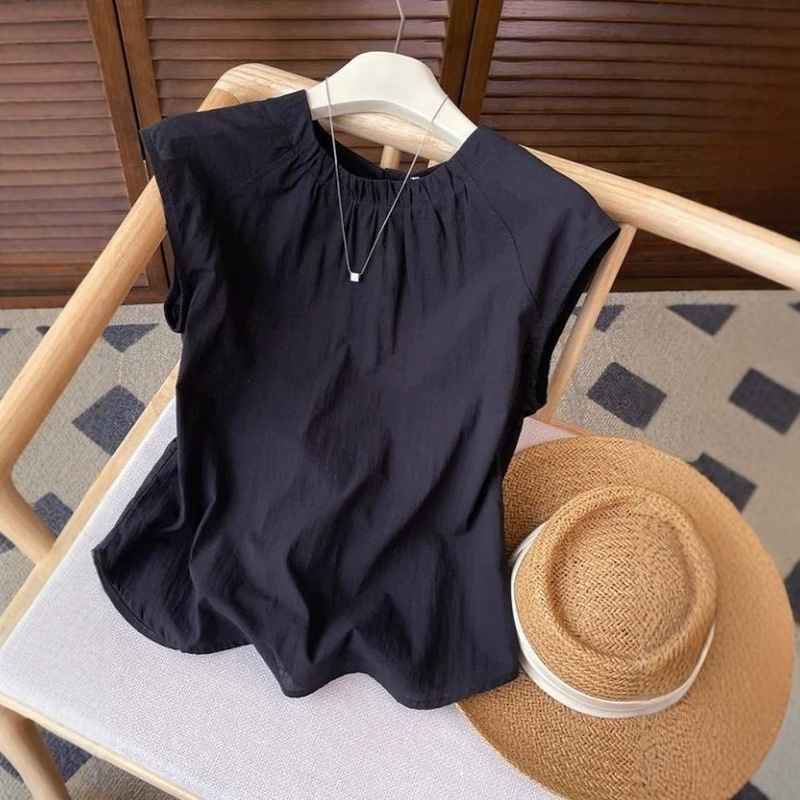 French-Style Retro Simple Top 2026 New Model with Small Flutter Sleeves, Women's Summer Lightweight Loose-Fitting Casual Shirt That Hides the Figure