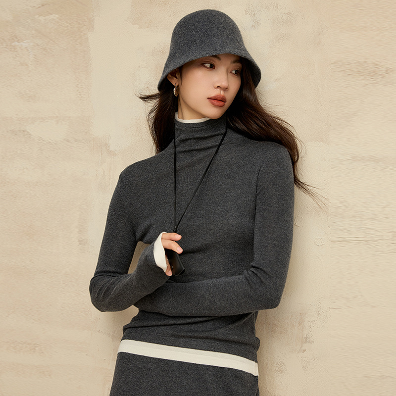 法丽定制假两件高领羊毛衫女25早秋御姐风修身针织打底衫裸感上衣