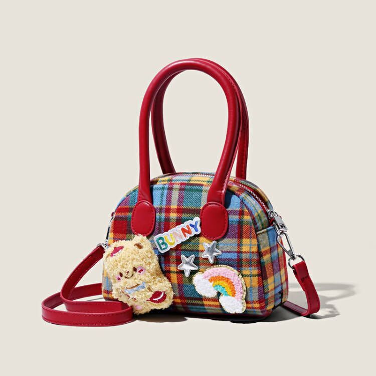 Plaid Ins Bag Female Cute Little Brown Bear Fashion Shoulder Handbag High-Looking Commuter Coin Purse Crossbody Bag