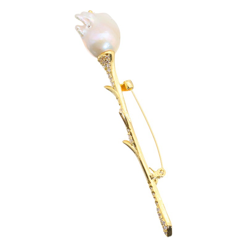 Broche de perlas de agua dulce natural de alto grado nicho pin accesorios elegante nuevo tulipán ramillete chapado en oro de 18K