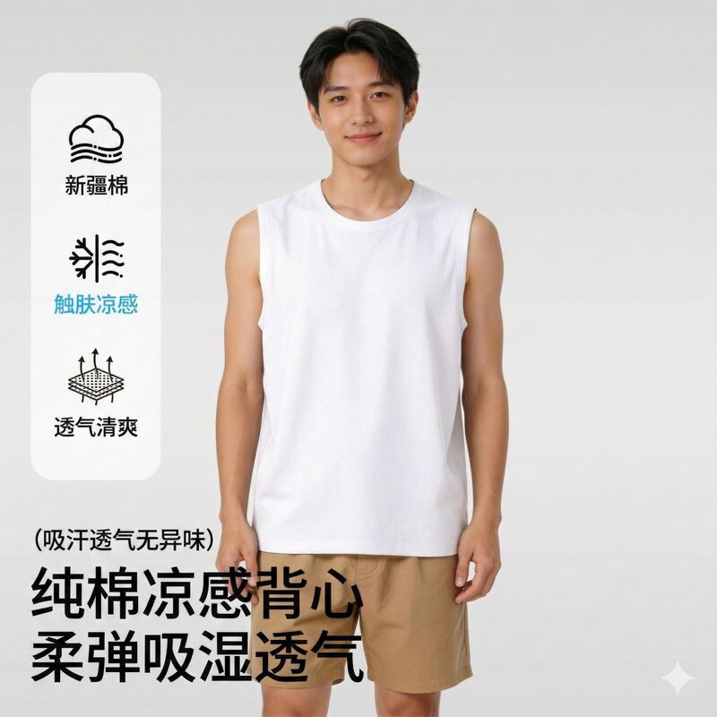 Men's Pure Cotton Vest, Spring and Summer Thin Style, Skin-Friendly, Loose-Fitting, Versatile, Breathable Base Layer Top, Wide-Shoulder Sleeveless T-Shirt