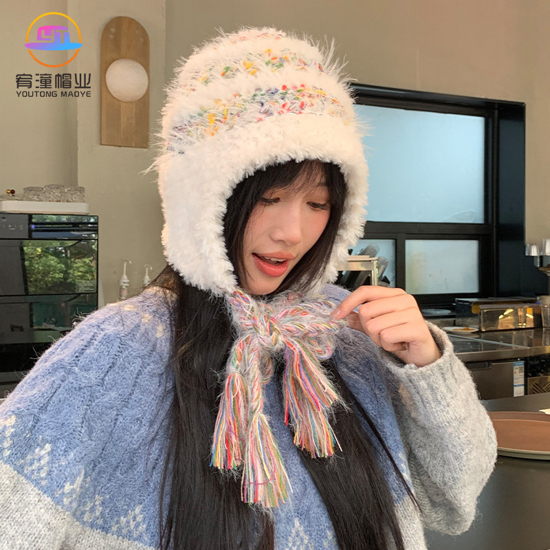 (same style of rattan elder sister) autumn and winter warm color snowflake velvet hand-woven lace-up female korean cute knitted hat