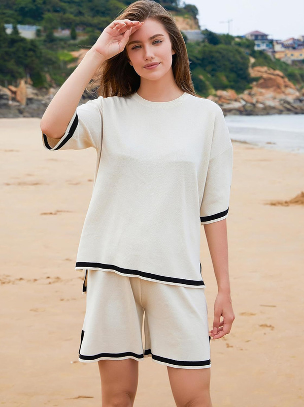 2024 New Women's Summer 2 Piece Sweater Set Knitted Pullover Tops Wide Leg Shorts Tracksuit Set